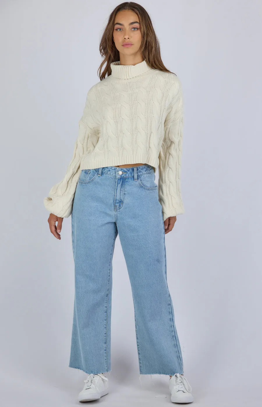 Turtle Neck Cable Cropped Knit Sweater