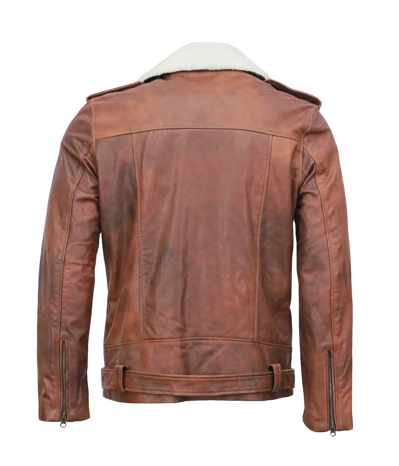 Vintage Brown Motorcycle Leather Jacket with Fur Collar for Men