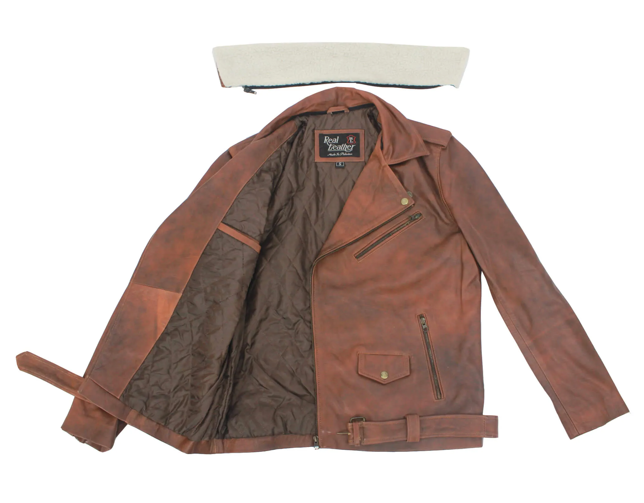 Vintage Brown Motorcycle Leather Jacket with Fur Collar for Men