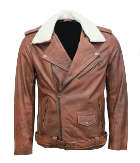 Vintage Brown Motorcycle Leather Jacket with Fur Collar for Men