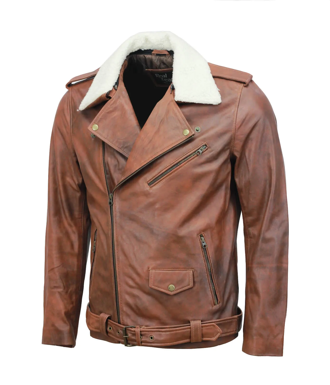 Vintage Brown Motorcycle Leather Jacket with Fur Collar for Men