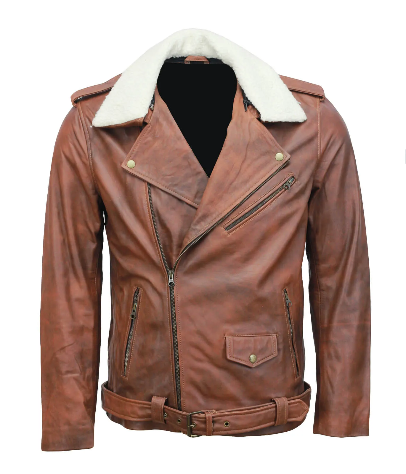 Vintage Brown Motorcycle Leather Jacket with Fur Collar for Men