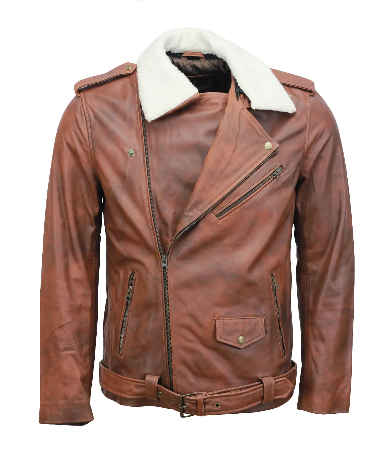 Vintage Brown Motorcycle Leather Jacket with Fur Collar for Men