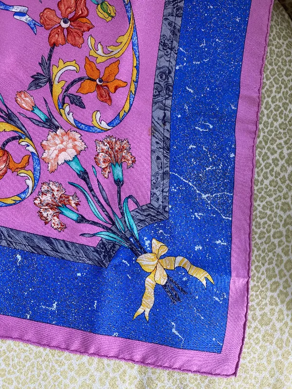 Vintage Paris Scarf Pierres D'Orient et D'Occident Pink Blue Green Yellow Orange Bird and Floral Design