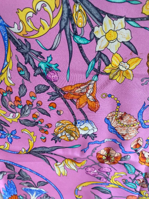 Vintage Paris Scarf Pierres D'Orient et D'Occident Pink Blue Green Yellow Orange Bird and Floral Design