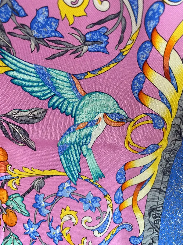 Vintage Paris Scarf Pierres D'Orient et D'Occident Pink Blue Green Yellow Orange Bird and Floral Design