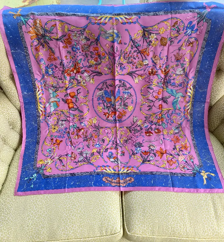 Vintage Paris Scarf Pierres D'Orient et D'Occident Pink Blue Green Yellow Orange Bird and Floral Design