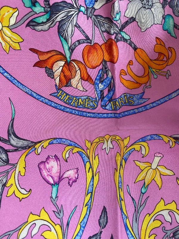 Vintage Paris Scarf Pierres D'Orient et D'Occident Pink Blue Green Yellow Orange Bird and Floral Design