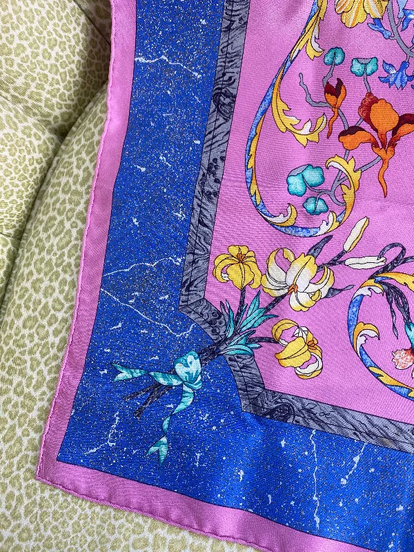 Vintage Paris Scarf Pierres D'Orient et D'Occident Pink Blue Green Yellow Orange Bird and Floral Design