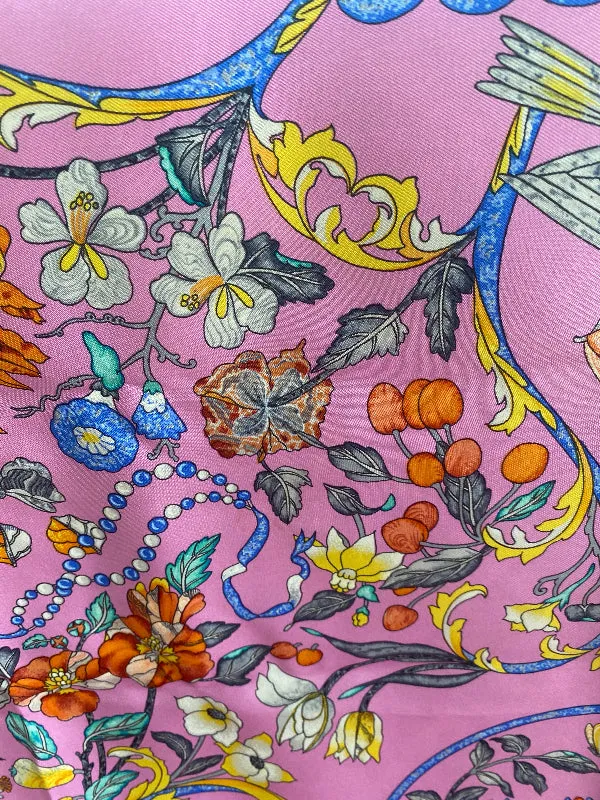 Vintage Paris Scarf Pierres D'Orient et D'Occident Pink Blue Green Yellow Orange Bird and Floral Design