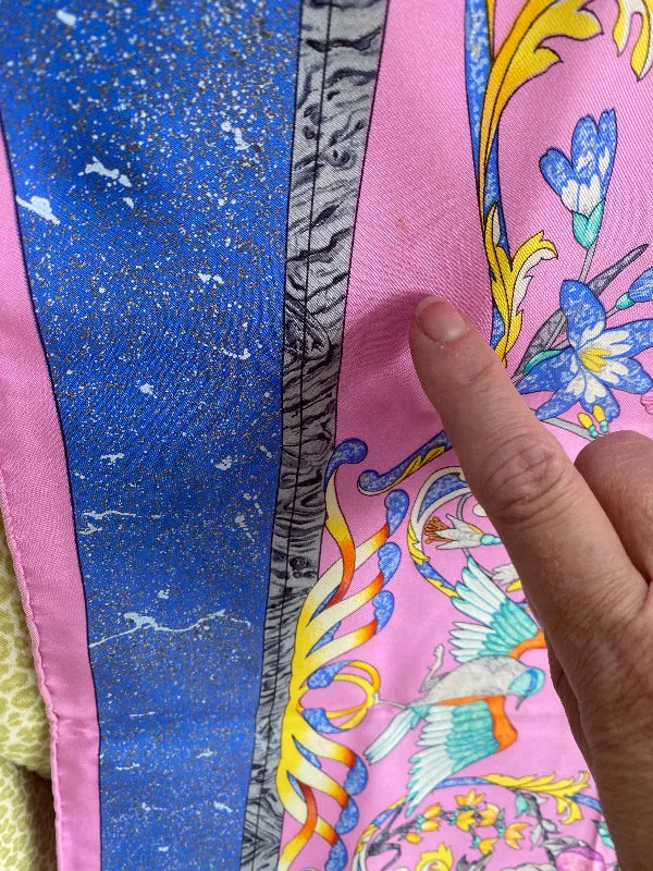 Vintage Paris Scarf Pierres D'Orient et D'Occident Pink Blue Green Yellow Orange Bird and Floral Design