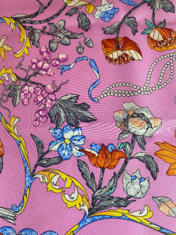 Vintage Paris Scarf Pierres D'Orient et D'Occident Pink Blue Green Yellow Orange Bird and Floral Design