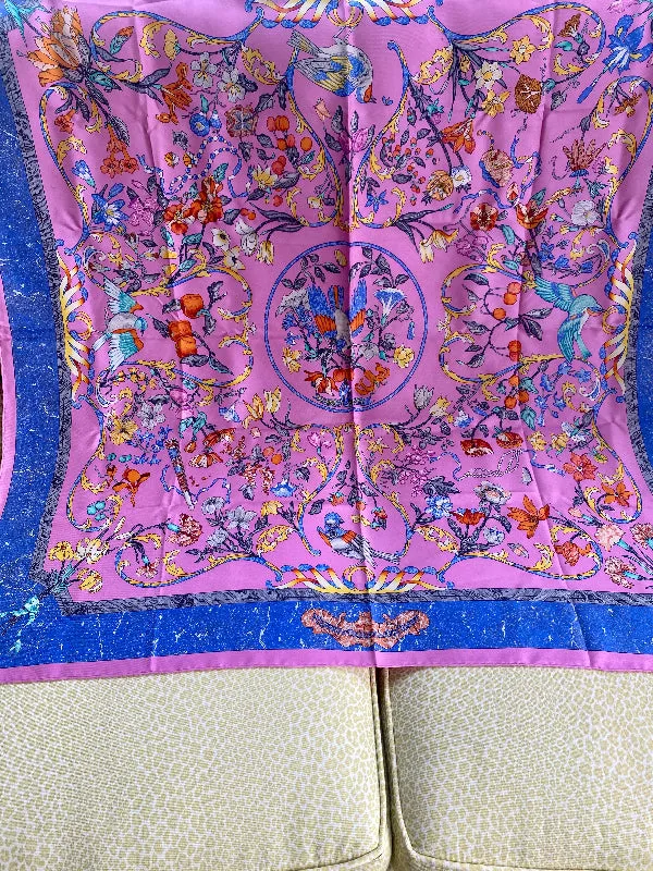 Vintage Paris Scarf Pierres D'Orient et D'Occident Pink Blue Green Yellow Orange Bird and Floral Design