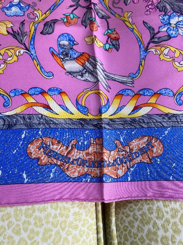 Vintage Paris Scarf Pierres D'Orient et D'Occident Pink Blue Green Yellow Orange Bird and Floral Design