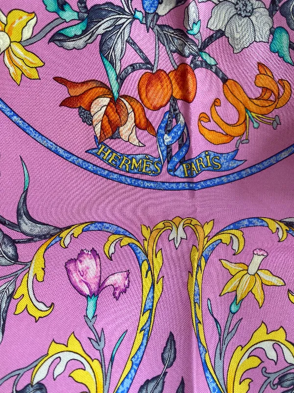Vintage Paris Scarf Pierres D'Orient et D'Occident Pink Blue Green Yellow Orange Bird and Floral Design