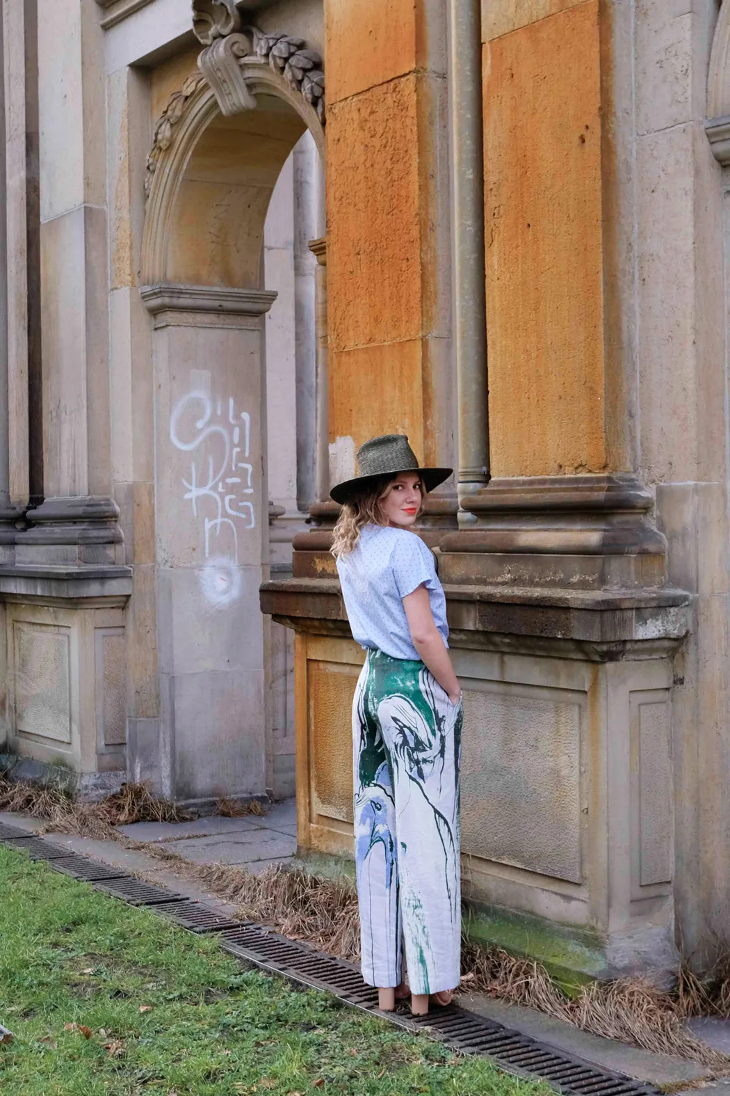 Wide Leg Trousers Birds Green