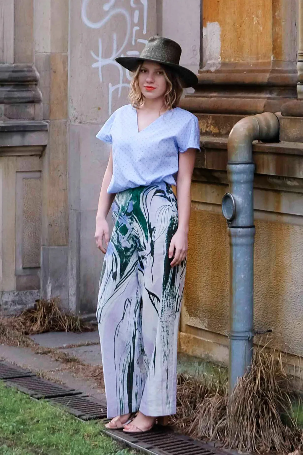Wide Leg Trousers Birds Green