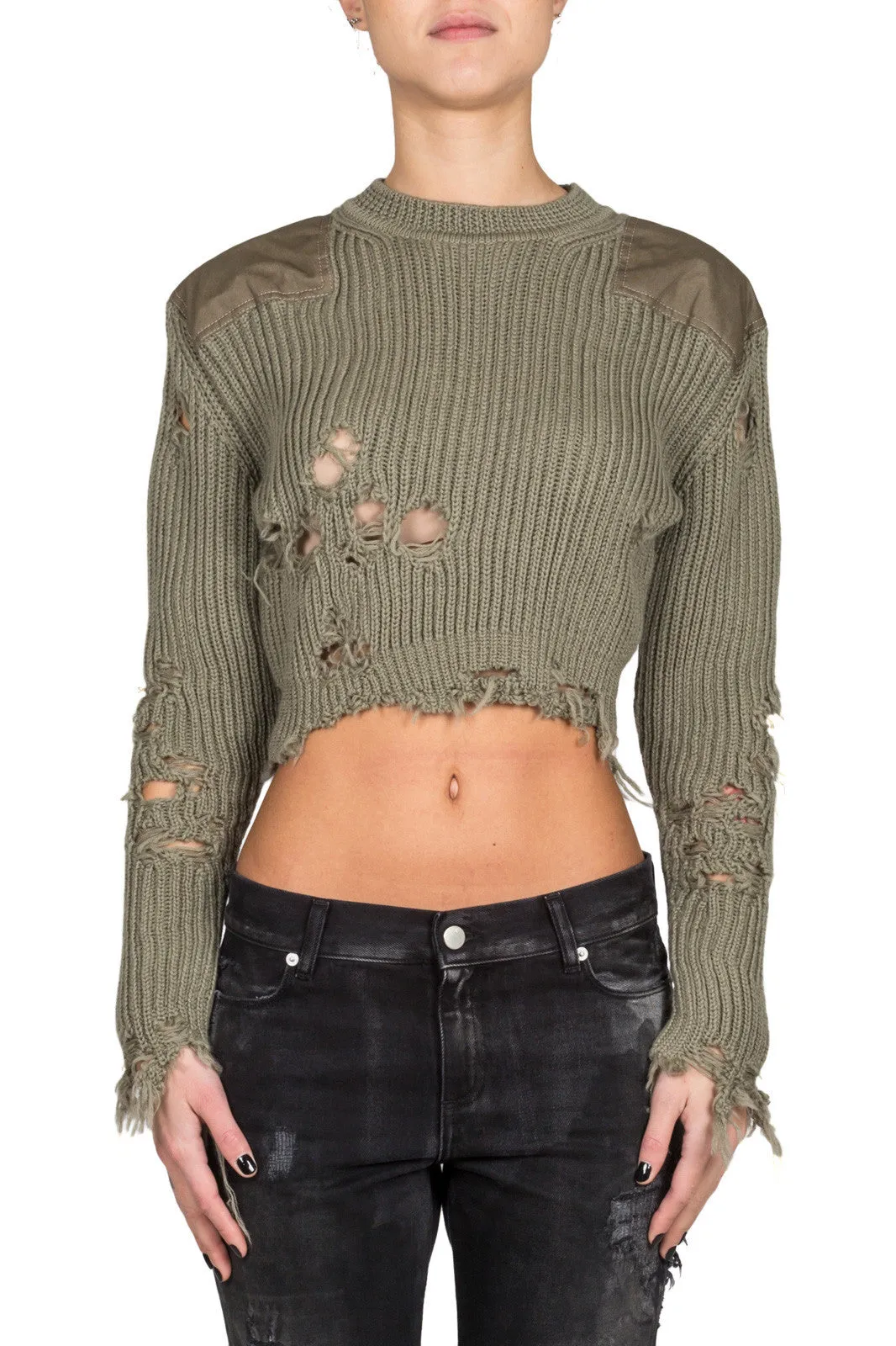 Womens Destroyed Cropped Sweater With Patches