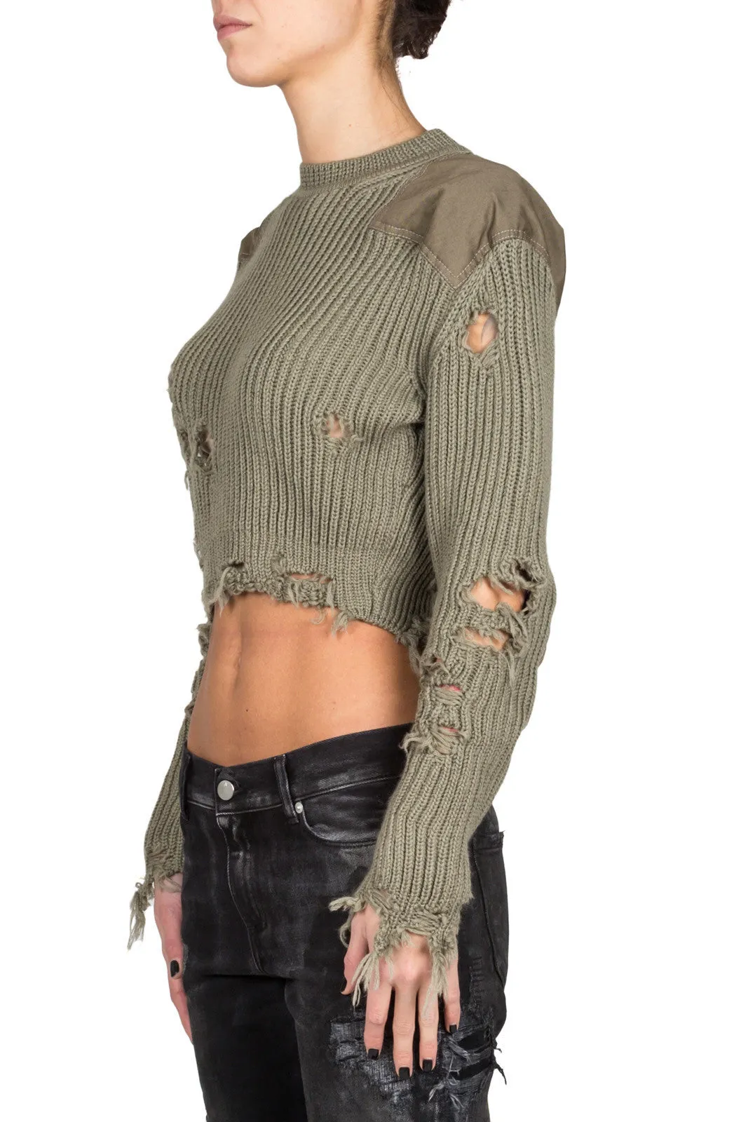 Womens Destroyed Cropped Sweater With Patches