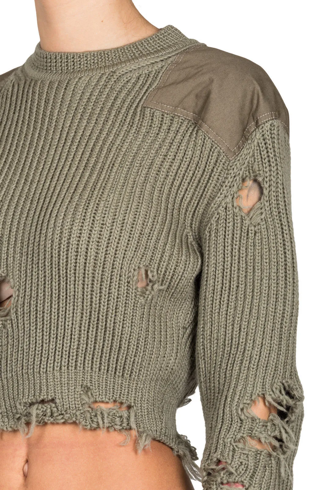 Womens Destroyed Cropped Sweater With Patches