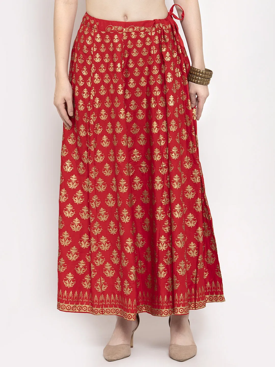 Women'S Red Floral Printed Rayon Skirt